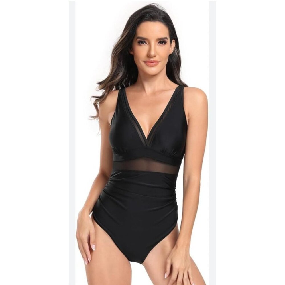 Womens Black One-Piece Swimsuit V Neck Sheer Mesh Panel Adjustable Straps Medium